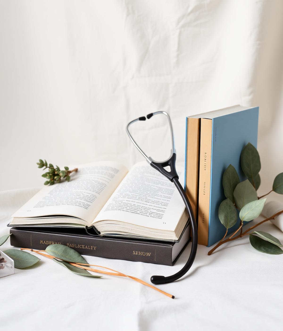Medical textbooks and sage leaves on cream linen